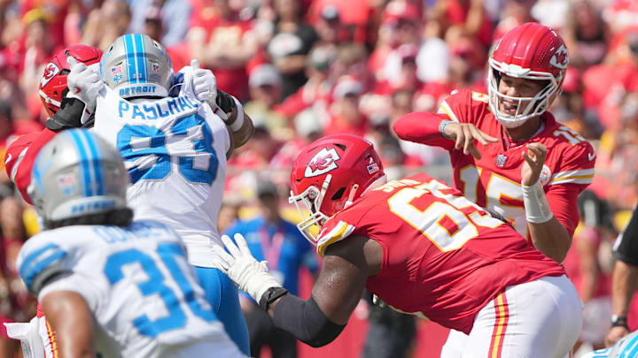 Aug 17, 2024; Kansas City, Missouri, USA; Kansas City Chiefs quarterback Patrick Mahomes (15) throws a pass against the Detroit Lions during the first half at GEHA Field at Arrowhead Stadium. Mandatory Credit: Denny Medley-Imagn Images Aug 17, 2024; Kansas City, Missouri, USA; Kansas City Chiefs quarterback Patrick Mahomes (15) throws a pass against the Detroit Lions during the first half at GEHA Field at Arrowhead Stadium. Mandatory Credit: Denny Medley-Imagn Images