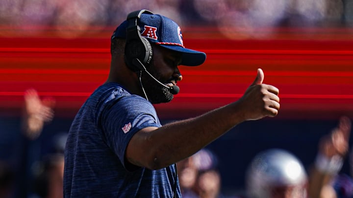 Sep 15, 2024; Foxborough, Massachusetts, USA; New England Patriots head coach Jerod Mayo watches from the sideline as they take on the Seattle Seahawks at Gillette Stadium. Mandatory Credit: David Butler II-Imagn Images