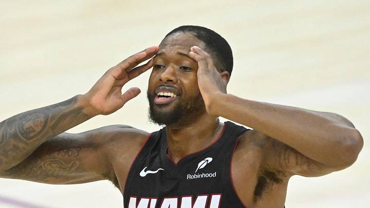 Apr 23, 2025; Cleveland, Ohio, USA; Miami Heat forward Haywood Highsmith (24) reacts in the fourth quarter of game two of the first round of the 2025 NBA Playoffs against the Cleveland Cavaliers at Rocket Arena. Mandatory Credit: David Richard-Imagn Images
