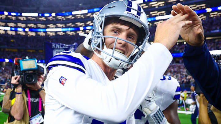 Dallas Cowboys kicker Brandon Aubrey celebrates after kicking the game-winning field goal against the Philadelphia Eagles.