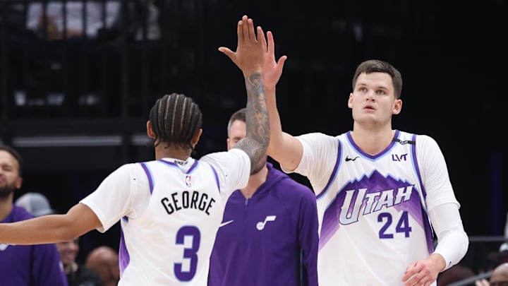 Oct 29, 2025; Salt Lake City, Utah, USA; Utah Jazz guard Keyonte George (3) and center Walker Kessler (24) react to a play against the Portland Trail Blazers during the first quarter at Delta Center. Mandatory Credit: Rob Gray-Imagn Images Oct 29, 2025; Salt Lake City, Utah, USA; Utah Jazz guard Keyonte George (3) and center Walker Kessler (24) react to a play against the Portland Trail Blazers during the first quarter at Delta Center. Mandatory Credit: Rob Gray-Imagn Images