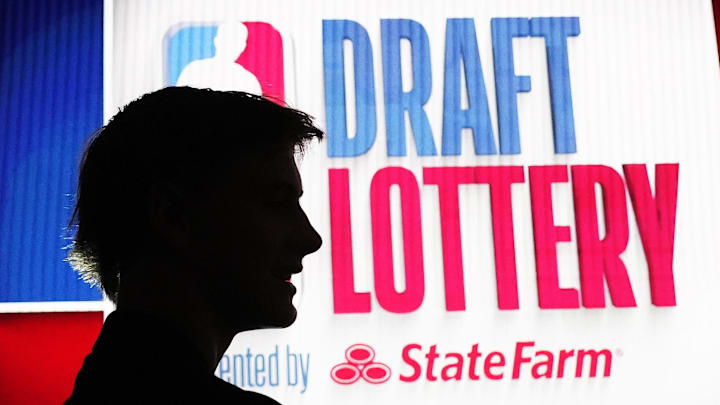 May 12, 2024; Chicago, IL, USA; Kansas’ Johnny Furphy NBA  at the Draft Lottery at McCormick Place West. Mandatory Credit: David Banks-Imagn Images