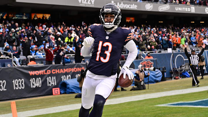 Dec 22, 2024; Chicago, Illinois, USA; Chicago Bears wide receiver Keenan Allen (13) reacts after a touchdown reception against the Detroit Lions during the second quarter at Soldier Field. Mandatory Credit: Daniel Bartel-Imagn Images