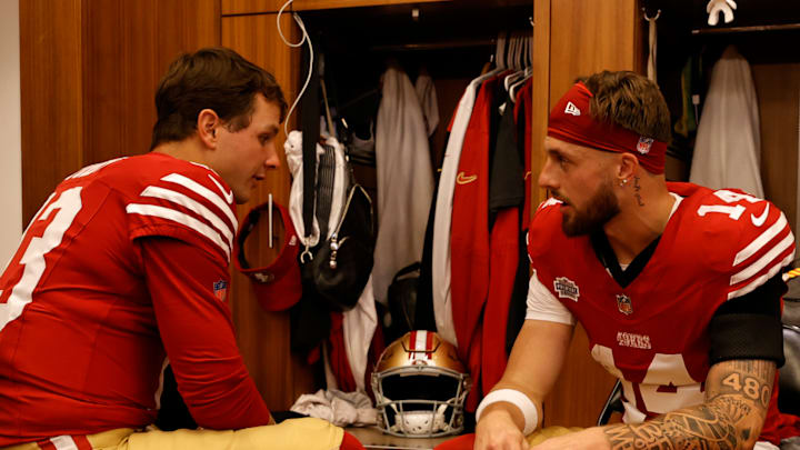 San Francisco 49ers quarterback Brock Purdy (L) and wide receiver Ricky Pearsall (R)