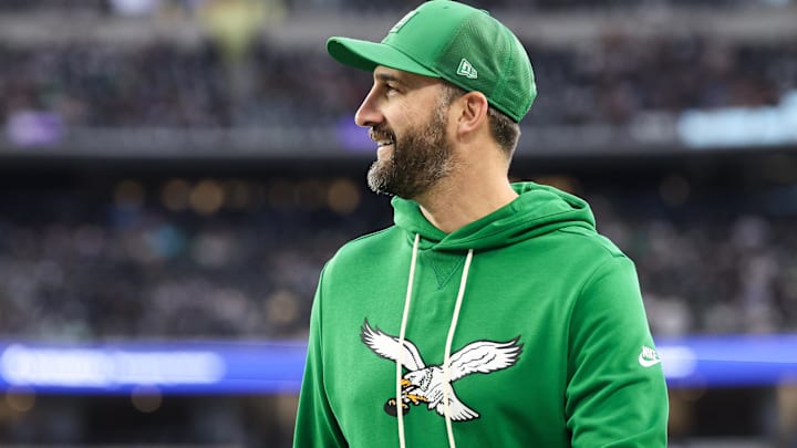 Nov 23, 2025; Arlington, Texas, USA; Philadelphia Eagles head coach Nick Sirianni looks on before the game against the Dallas Cowboys at AT&T Stadium.