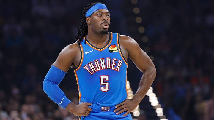 Apr 2, 2026; Oklahoma City, Oklahoma, USA; Oklahoma City Thunder guard Luguentz Dort (5) stands during Los Angeles Lakers free throw baskets during the first quarter at Paycom Center. Mandatory Credit: Alonzo Adams-Imagn Images Apr 2, 2026; Oklahoma City, Oklahoma, USA; Oklahoma City Thunder guard Luguentz Dort (5) stands during Los Angeles Lakers free throw baskets during the first quarter at Paycom Center. Mandatory Credit: Alonzo Adams-Imagn Images