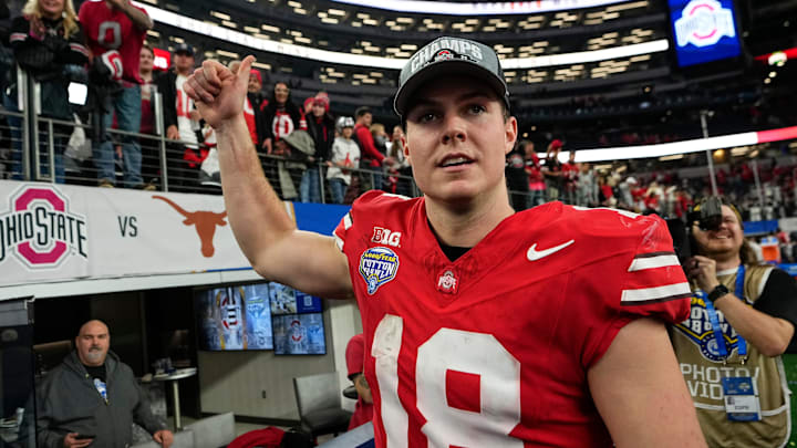 Ohio State Buckeyes quarterback Will Howard (18) leaves the field following the Cotton Bowl Classic College Football Playoff semifinal game against the Texas Longhorns at AT&T Stadium in Arlington, Texas on Jan. 10, 2025. Ohio State won 28-14.
