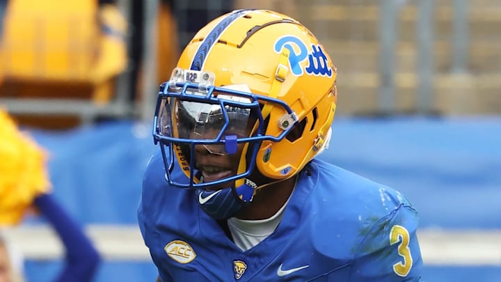 Nov 15, 2025; Pittsburgh, Pennsylvania, USA;  Pittsburgh Panthers linebacker Rasheem Biles (3) scored a pick-six touchdown against the Notre Dame Fighting Irish during the third quarter at Acrisure Stadium. Mandatory Credit: Charles LeClaire-Imagn Images