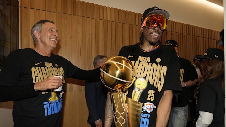 Jun 22, 2025; Oklahoma City, Oklahoma, USA; Oklahoma City Thunder forward Jalen Williams (8) celebrates after winning game seven of the 2025 NBA Finals against the Indiana Pacers at Paycom Center. Mandatory Credit: Kyle Terada-Imagn Images