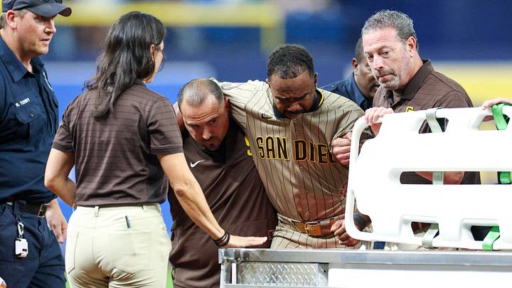 Aug 29, 2026; St. Petersburg, Florida, USA; San Diego Padres second baseman Luis Rengifo (21) is carted off the field against the Tampa Bay Rays in the seventh inning  at Tropicana Field. Mandatory Credit: Nathan Ray Seebeck-Imagn Images