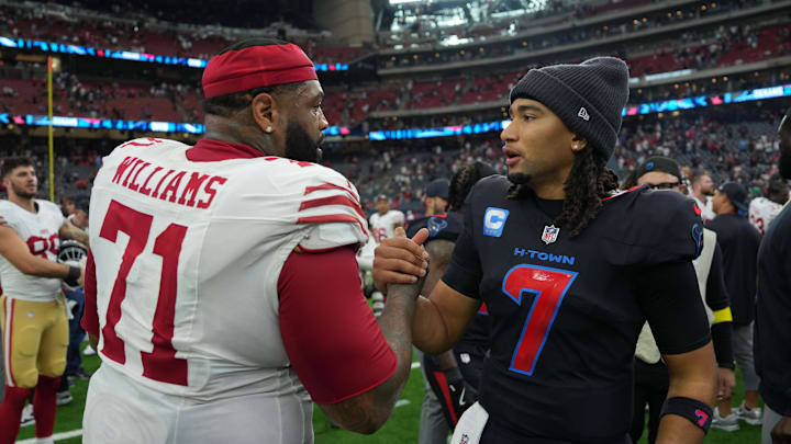 Oct 26, 2025; Houston, Texas, USA; San Francisco 49ers offensive tackle Trent Williams (71) shakes hands with Houston Texans quarterback C.J. Stroud (7) following a game at NRG Stadium. Mandatory Credit: Sean Thomas-Imagn Images