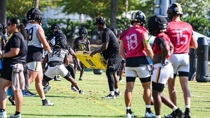 Southern Miss football goes through drills during the first day of fall camp. Southern Miss football goes through drills during the first day of fall camp.