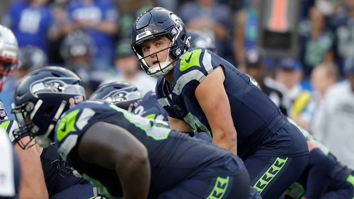 Sep 9, 2026; Seattle, Washington, USA; Seattle Seahawks quarterback Drew Lock (2) at the line of scrimmage during the first quarter against the New England Patriots at Lumen Field. Sep 9, 2026; Seattle, Washington, USA; Seattle Seahawks quarterback Drew Lock (2) at the line of scrimmage during the first quarter against the New England Patriots at Lumen Field.