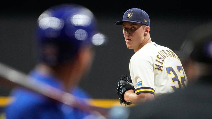 Aug 19, 2026; Milwaukee, Wisconsin, USA;  Milwaukee Brewers pitcher Jacob Misiorowski (32) delivers a pitch against the Chicago Cubs in the second inning at American Family Field.  Mandatory Credit: Michael McLoone-Imagn Images