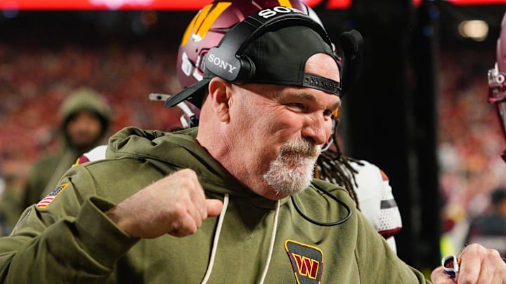 Washington Commanders head coach Dan Quinn celebrates an interception against the Kansas City Chiefs. Washington Commanders head coach Dan Quinn celebrates an interception against the Kansas City Chiefs.