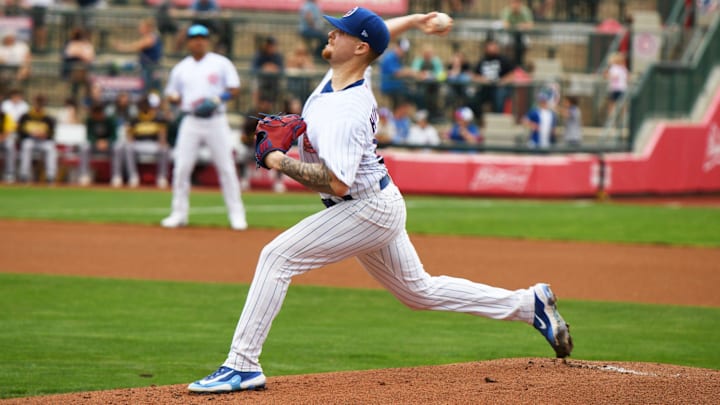 Cade Horton makes a practice pitch before the South Bend Cubs vs. Fort Qayne TinCaps game at Four Winds Feild in South Bend on June 22, 2023. Cade Horton makes a practice pitch before the South Bend Cubs vs. Fort Qayne TinCaps game at Four Winds Feild in South Bend on June 22, 2023.