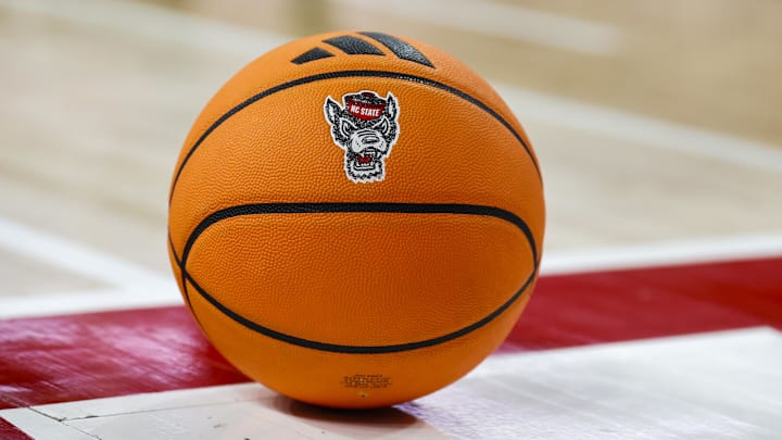 Jan 17, 2026; Raleigh, North Carolina, USA; NC State Wolfpack ball during the second half of the game against the Georgia Tech Yellow Jackets at the Lenovo Center. Mandatory Credit: Jaylynn Nash-Imagn Images