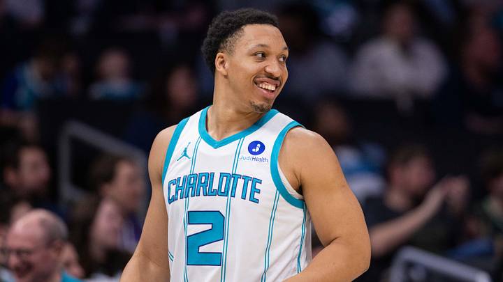 Feb 28, 2026; Charlotte, North Carolina, USA; Charlotte Hornets forward Grant Williams (2) reacts during the first quarter against the Portland Trail Blazers in the first half at Spectrum Center. Mandatory Credit: Scott Kinser-Imagn Images