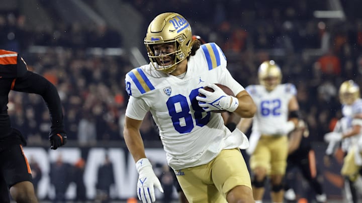 Oct 14, 2023; Corvallis, Oregon, USA; UCLA Bruins tight end Moliki Matavao (88) runs after a catch during the second half against the Oregon State Beavers at Reser Stadium. Mandatory Credit: Soobum Im-Imagn Images
