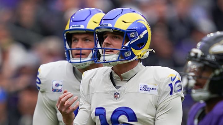 Oct 12, 2025; Baltimore, Maryland, USA; Los Angeles Rams punter Ethan Evans (42) and kicker Joshua Karty (16) react after a missed field goal against the Baltimore Ravens during the first quarter of the game at M&T Bank Stadium. Mandatory Credit: Mitch Stringer-Imagn Images