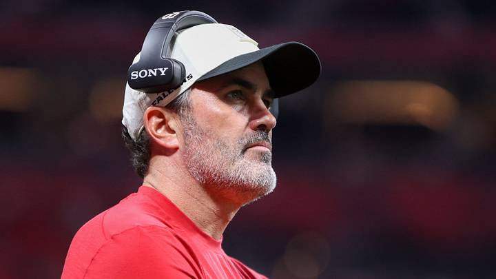 Aug 14, 2026; Atlanta, Georgia, USA; Atlanta Falcons head coach Kevin Stefanski on the sideline against the Denver Broncos in the first quater at Mercedes-Benz Stadium. Mandatory Credit: Brett Davis-Imagn Images
