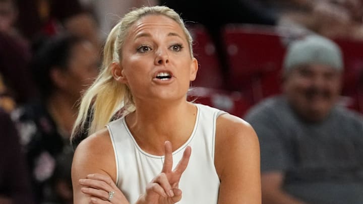 ASU Sun Devils head coach Molly Miller yells out to her team as they play the Coppin State Bald Eagles at Desert Financial Arena on Nov. 3, 2025.