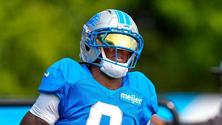 Detroit Lions running back Jahmyr Gibbs (0) practices during training camp at Meijer Performance Center in Allen Park on Monday, August 10, 2026.
