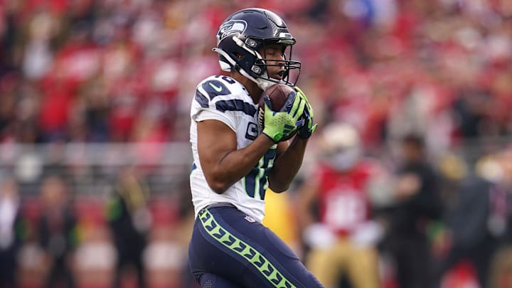 Dec 10, 2023; Santa Clara, California, USA; Seattle Seahawks wide receiver Tyler Lockett (16) makes