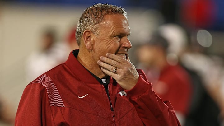 Dec 27, 2024; Memphis, TN, USA; Arkansas Razorbacks head coach Sam Pittman looks on during warm ups prior to the game against the Texas Tech Red Raiders at Simmons Bank Liberty Stadium. Mandatory Credit: Petre Thomas-Imagn Images