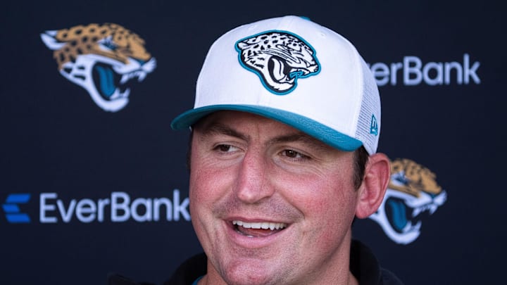 Jacksonville Jaguars Offensive Coordinator Grant Udinski, answers questions after the Jacksonville Jaguars’ 18th and final training camp practice at Miller Electric Center in Jacksonville, Fla. Wednesday August 20, 2025. [Doug Engle/Florida Times-Union]