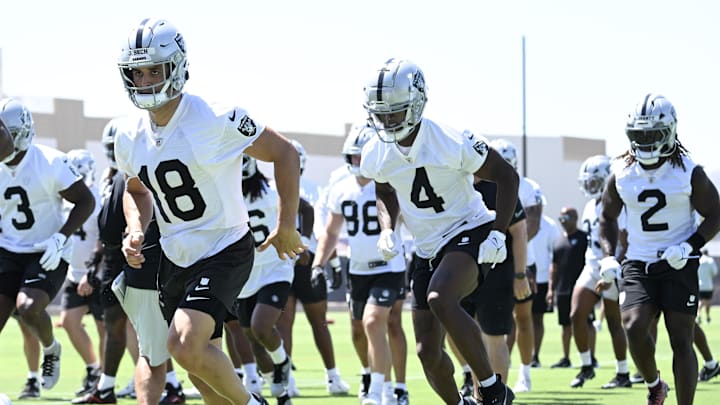 Jun 10, 2025; Henderson, NV, USA; Las Vegas Raiders wide receiver Jack Bech (18) and wide receiver Shedrick Jackson (4) perform a drill during Las Vegas Raiders Minicamp at Intermountain Health Performance Center. Mandatory Credit: Candice Ward-Imagn Images Jun 10, 2025; Henderson, NV, USA; Las Vegas Raiders wide receiver Jack Bech (18) and wide receiver Shedrick Jackson (4) perform a drill during Las Vegas Raiders Minicamp at Intermountain Health Performance Center. Mandatory Credit: Candice Ward-Imagn Images