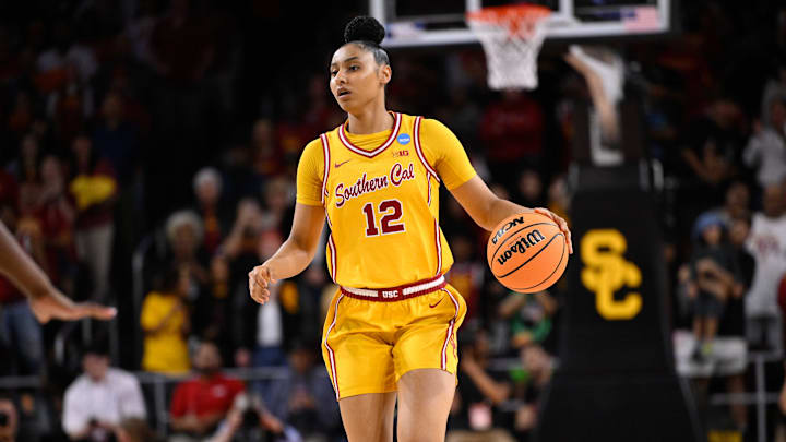 Mar 24, 2025; Los Angeles, California, USA; USC Trojans guard JuJu Watkins (12) during an NCAA Tournament second round game against the Mississippi State Bulldogs at Galen Center. Mandatory Credit: Robert Hanashiro-Imagn Images