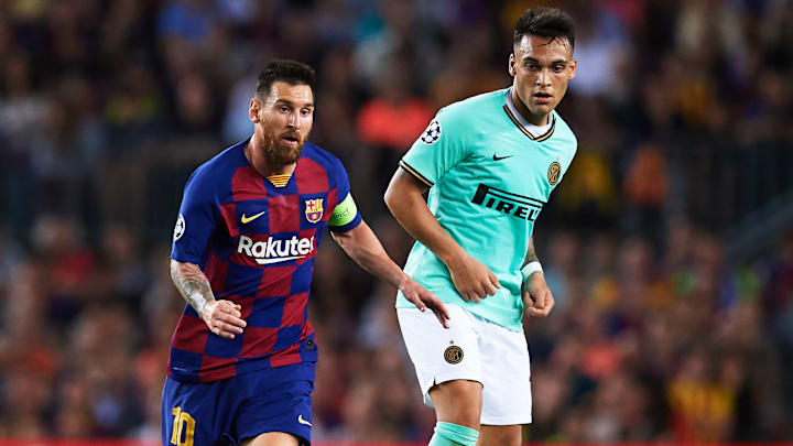 Lionel Messi y Lautaro Martínez en un juego de Champions League entre el FC Barcelona e Inter de Milán