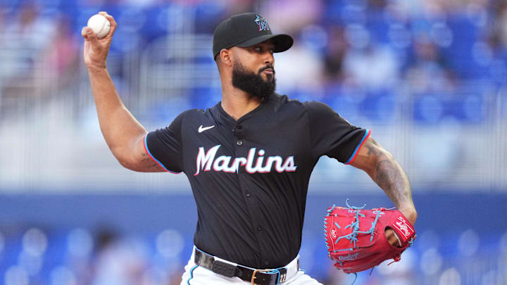Apr 12, 2025; Miami, Florida, USA; Miami Marlins pitcher Sandy Alcantara (22) pitches in the first inning against the Washington Nationals at loanDepot Park. Apr 12, 2025; Miami, Florida, USA; Miami Marlins pitcher Sandy Alcantara (22) pitches in the first inning against the Washington Nationals at loanDepot Park.
