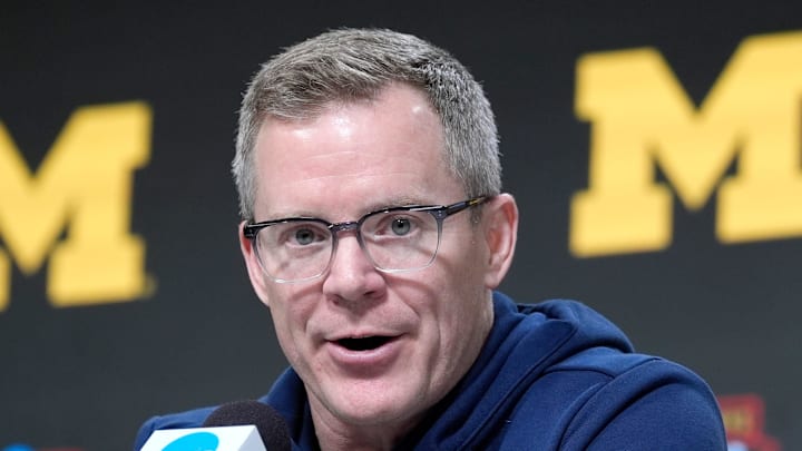 Michigan basketball coach Dusty May answers questions from the media the day before his team’s championship game against UConn at the Final Four at Lucas Oil Stadium in Indianapolis, Indiana on Sunday, April 5, 2026. Michigan basketball coach Dusty May answers questions from the media the day before his team’s championship game against UConn at the Final Four at Lucas Oil Stadium in Indianapolis, Indiana on Sunday, April 5, 2026.