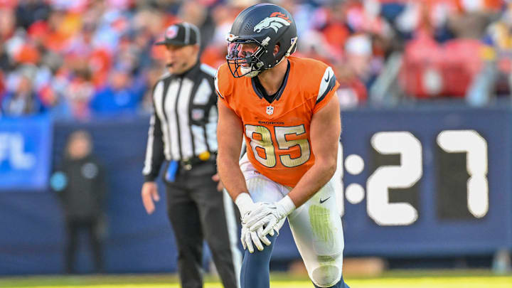 DENVER, CO - DECEMBER 15: Denver tight end Lucas Krull (85) during a game between the Indianapolis Colts and the Denver Broncos at Empower Field at Mile High in Denver, CO on December 15, 2024. 