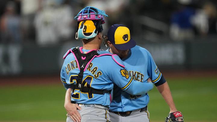 Jun 8, 2026; Summerlin, Nevada, USA; Milwaukee Brewers pitcher Chad Patrick (39) and catcher William Contreras (24) celebrate after defeating the Athletics at the Las Vegas Ballpark. Mandatory Credit: Lucas Peltier-Imagn Images