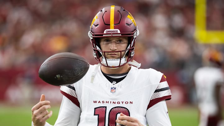 Sep 29, 2024; Glendale, Arizona, USA; Washington Commanders quarterback Jeff Driskel (16) against the Arizona Cardinals at State Farm Stadium. Mandatory Credit: Mark J. Rebilas-Imagn Images