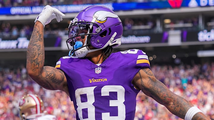 Sep 15, 2024; Minneapolis, Minnesota, USA; Minnesota Vikings wide receiver Jalen Nailor (83) celebrates his touchdown against the San Francisco 49ers in the third quarter at U.S. Bank Stadium. Mandatory Credit: Brad Rempel-Imagn Images Sep 15, 2024; Minneapolis, Minnesota, USA; Minnesota Vikings wide receiver Jalen Nailor (83) celebrates his touchdown against the San Francisco 49ers in the third quarter at U.S. Bank Stadium. Mandatory Credit: Brad Rempel-Imagn Images