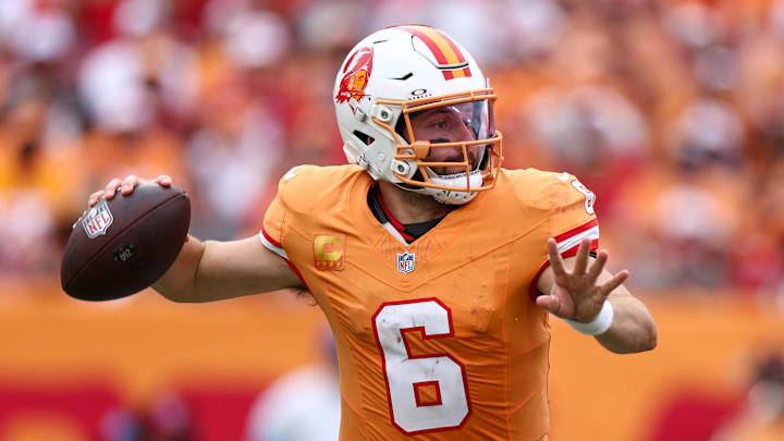 Tampa Bay Buccaneers quarterback Baker Mayfield drops back to pass against the Atlanta Falcons.