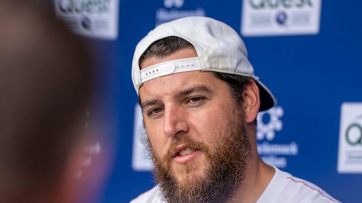 Greg Van Roten, a guard with the NY Giants, speaks to the press after a practice at Quest Diagnostics Training Center, East Rutherford, NJ, May 28, 2025. Greg Van Roten, a guard with the NY Giants, speaks to the press after a practice at Quest Diagnostics Training Center, East Rutherford, NJ, May 28, 2025.