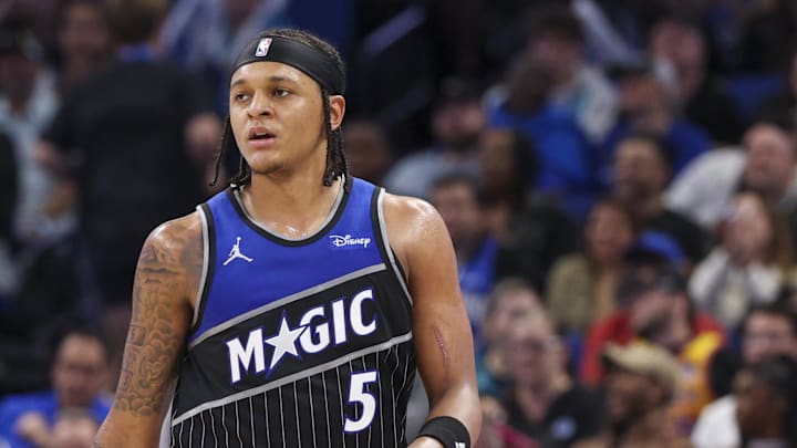 Jan 22, 2026; Orlando, Florida, USA; Orlando Magic forward Paolo Banchero (5) looks on against the Charlotte Hornets in the second quarter at Kia Center. Mandatory Credit: Nathan Ray Seebeck-Imagn Images
