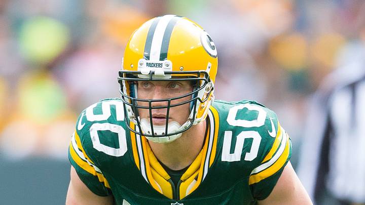 Green Bay Packers linebacker A.J. Hawk in 2014 against the Carolina Panthers; Jeff Hanisch-USA TODAY Sports