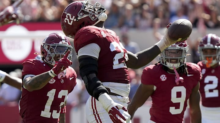 Alabama Crimson Tide defensive end LT Overton celebrates after recovering a South Carolina fumble at Bryant-Denny Stadium.