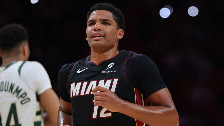 Miami Heat guard Dru Smith (12) looks on (Mandatory Credit: Sam Navarro-Imagn Images)