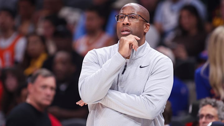 Dec 27, 2025; Atlanta, Georgia, USA; New York Knicks head coach Mike Brown on the sideline against the Atlanta Hawks in the first quarter at State Farm Arena. Mandatory Credit: Brett Davis-Imagn Images

