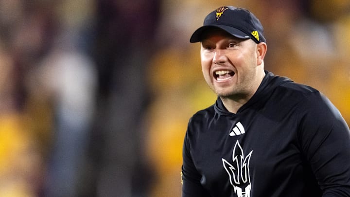 Nov 28, 2025; Tempe, Arizona, USA; Arizona State Sun Devils head coach Kenny Dillingham reacts against the Arizona Wildcats in the second half during the 99th Territorial Cup at Mountain America Stadium. Mandatory Credit: Mark J. Rebilas-Imagn Images