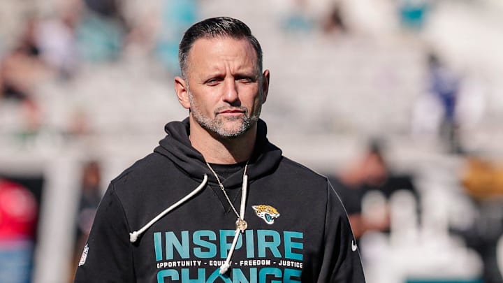 Dec 14, 2025; Jacksonville, Florida, USA;Jacksonville Jaguars defensive coordinator Anthony Campanile stands on the field during pregame warmups against the New York Jets at EverBank Stadium. Mandatory Credit: Travis Register-Imagn Images