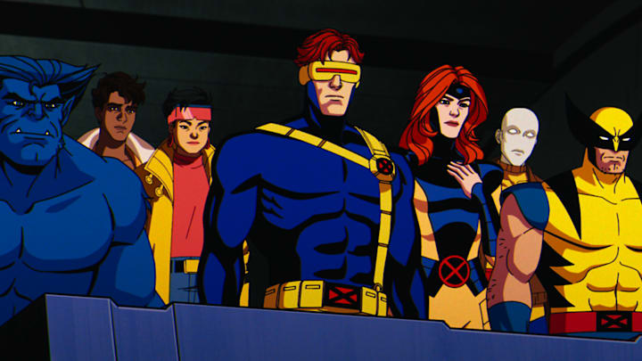 (L-R): Beast (voiced by George Buza), Roberto Da Costa (voiced by Gui Agustini), Jubilee (voiced by Holly Chou), Cyclops (voiced by Ray Chase), Jean Grey (voiced by Jennifer Hale), Morph (voiced by JP Karliak), and Wolverine (voiced by Cal Dodd) in Marvel Animation's X-MEN '97. Photo courtesy of Marvel Animation. © 2024 MARVEL.