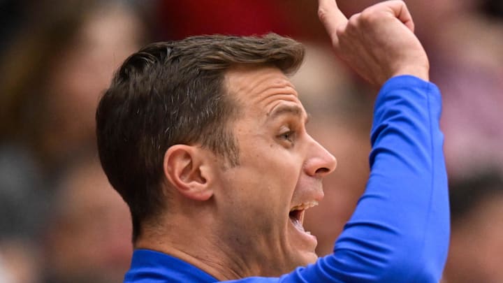 Jan 17, 2026; Stanford, California, USA; Duke Blue Devils head coach Jon Scheyer reacts against the Stanford Cardinal in the first half at Maples Pavilion. Mandatory Credit: Eakin Howard-Imagn Images
